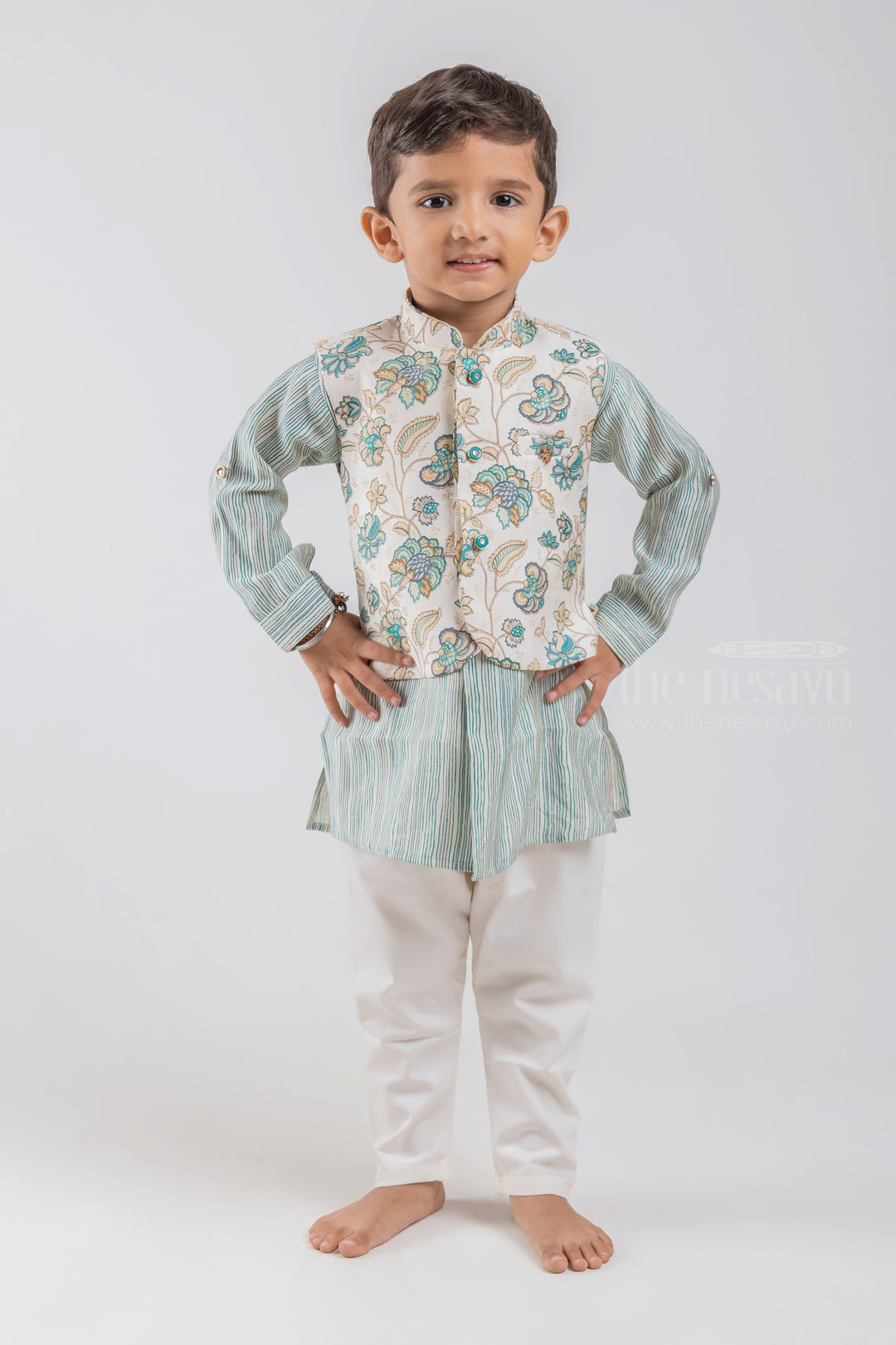 The Nesavu Boys Jacket Sets All Over Stripes Printed Green Kurta with White Pant and Floral Printed Overcoat For Boys psr silks Nesavu 10 (NB) / Green / Rayon BES348A