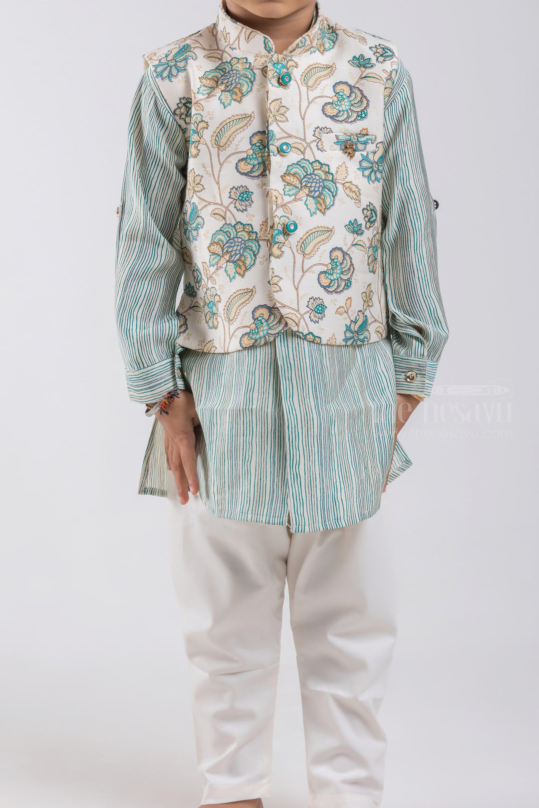 The Nesavu Boys Jacket Sets All Over Stripes Printed Green Kurta with White Pant and Floral Printed Overcoat For Boys psr silks Nesavu