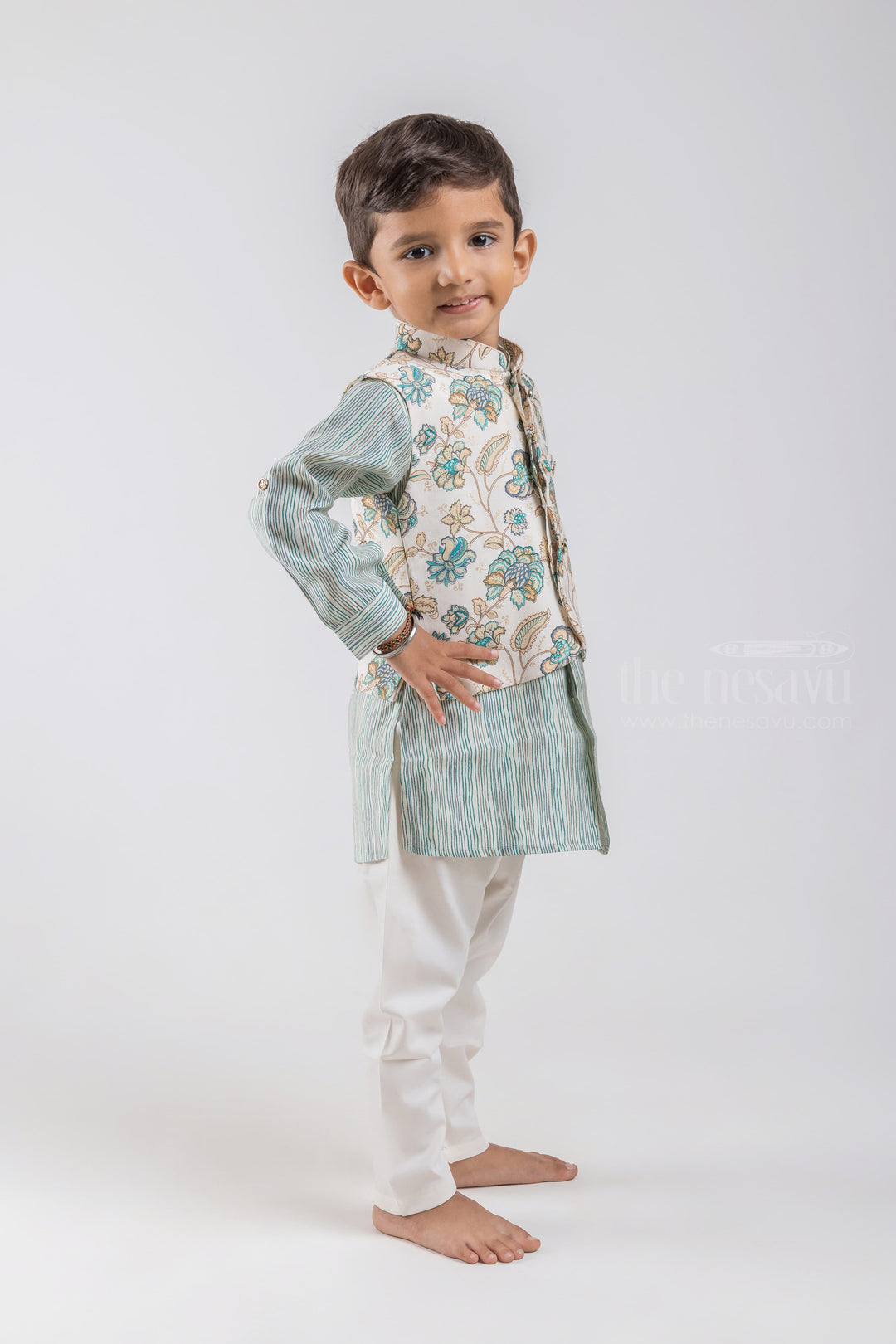 The Nesavu Boys Jacket Sets All Over Stripes Printed Green Kurta with White Pant and Floral Printed Overcoat For Boys psr silks Nesavu