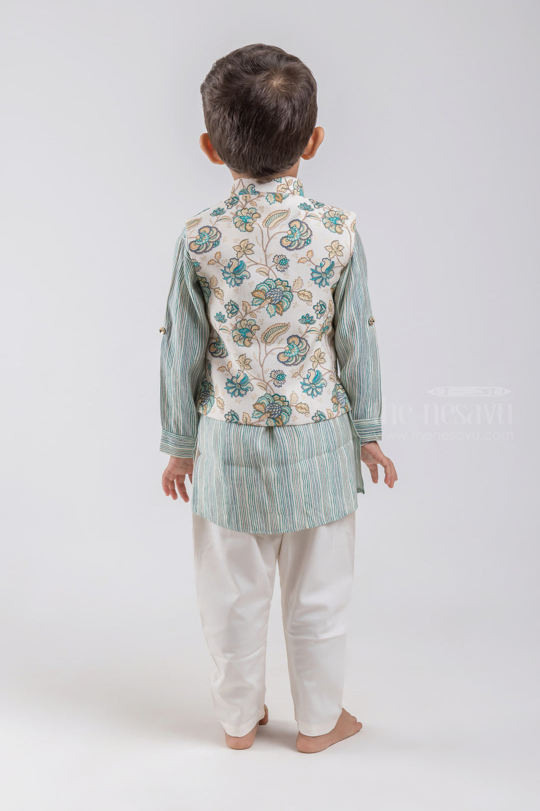 The Nesavu Boys Jacket Sets All Over Stripes Printed Green Kurta with White Pant and Floral Printed Overcoat For Boys psr silks Nesavu