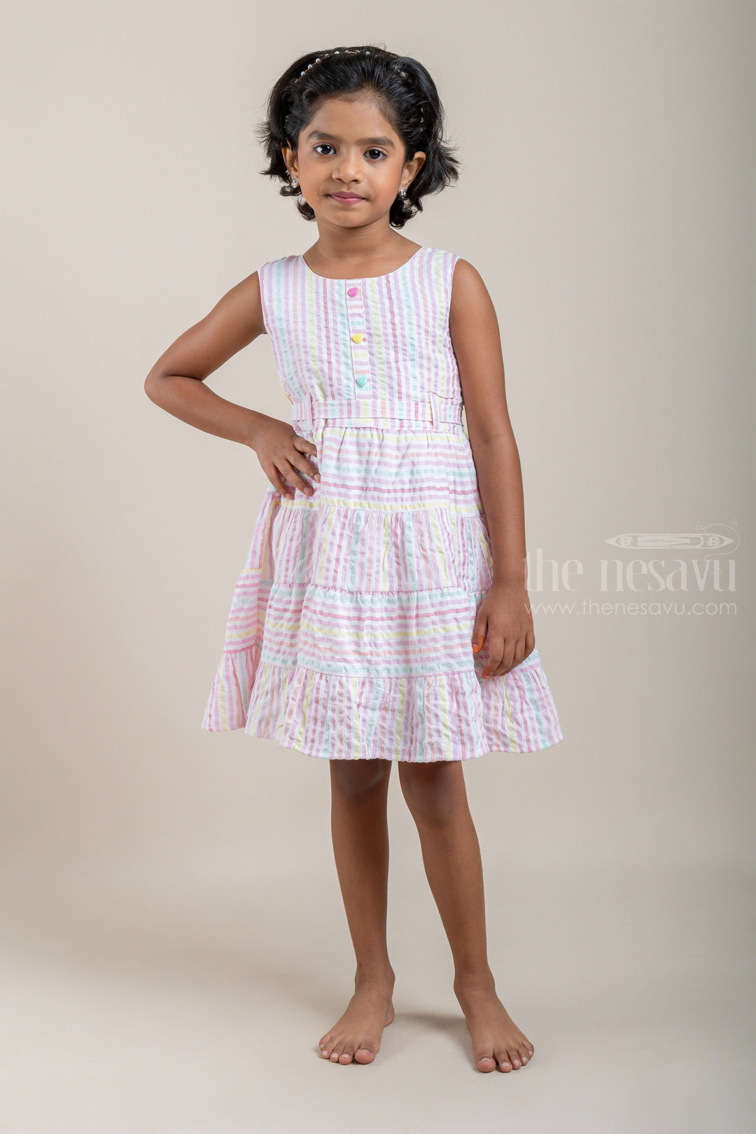 The Nesavu Baby Cotton Frocks All Over Stripes Printed Pink Cotton Frock For Baby Girls Nesavu 14 (6M) / Pink / Cotton BFJ414A Cute Cotton Frock - Striped Pink Baby Casual Dress | Layered Pattern | The Nesavu