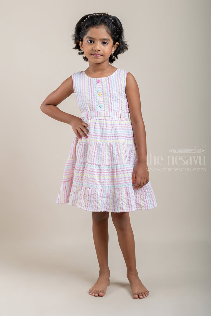 The Nesavu Baby Cotton Frocks All Over Stripes Printed Pink Cotton Frock For Baby Girls Nesavu 14 (6M) / Pink / Cotton BFJ414A Cute Cotton Frock - Striped Pink Baby Casual Dress | Layered Pattern | The Nesavu
