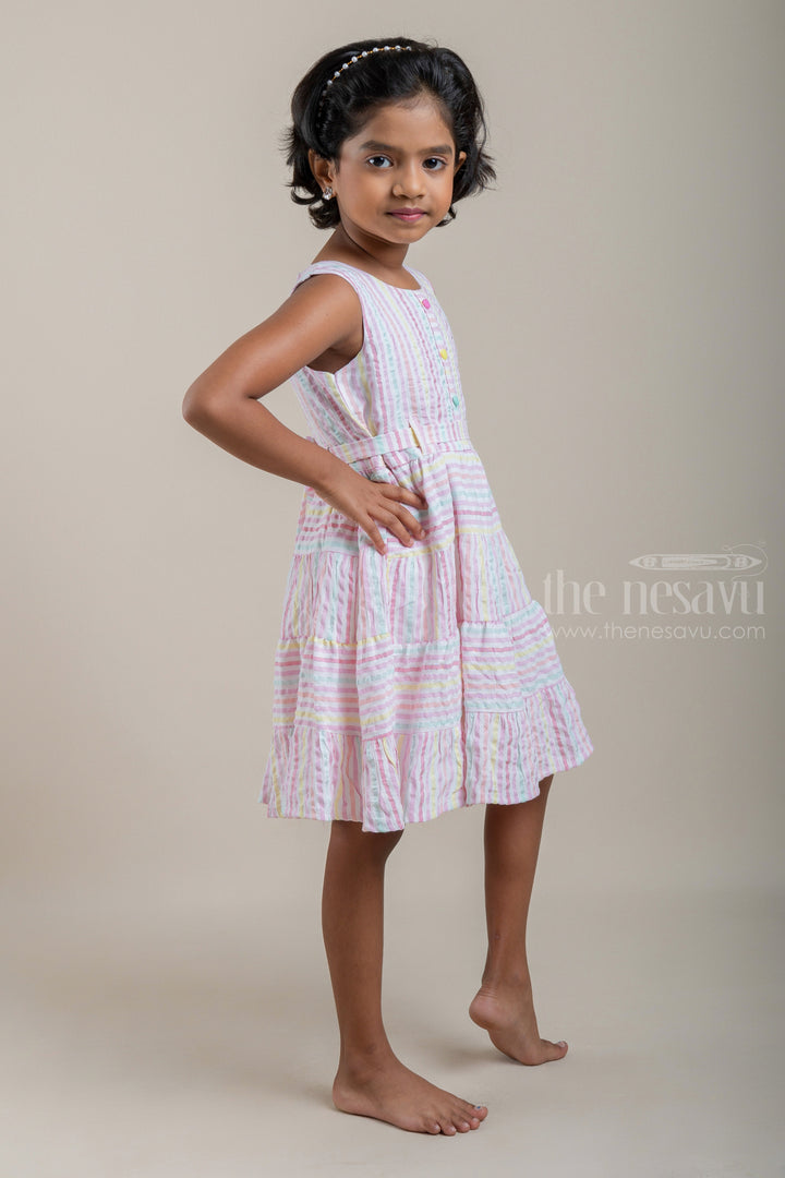 The Nesavu Baby Cotton Frocks All Over Stripes Printed Pink Cotton Frock For Baby Girls Nesavu Cute Cotton Frock - Striped Pink Baby Casual Dress | Layered Pattern | The Nesavu