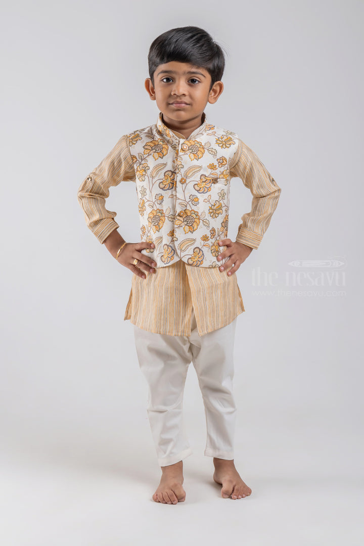 The Nesavu Boys Jacket Sets All Over Stripes Printed Yellow Kurta with White Pant and Floral Printed Overcoat For Boys psr silks Nesavu 10 (NM) / Yellow / Rayon BES348B