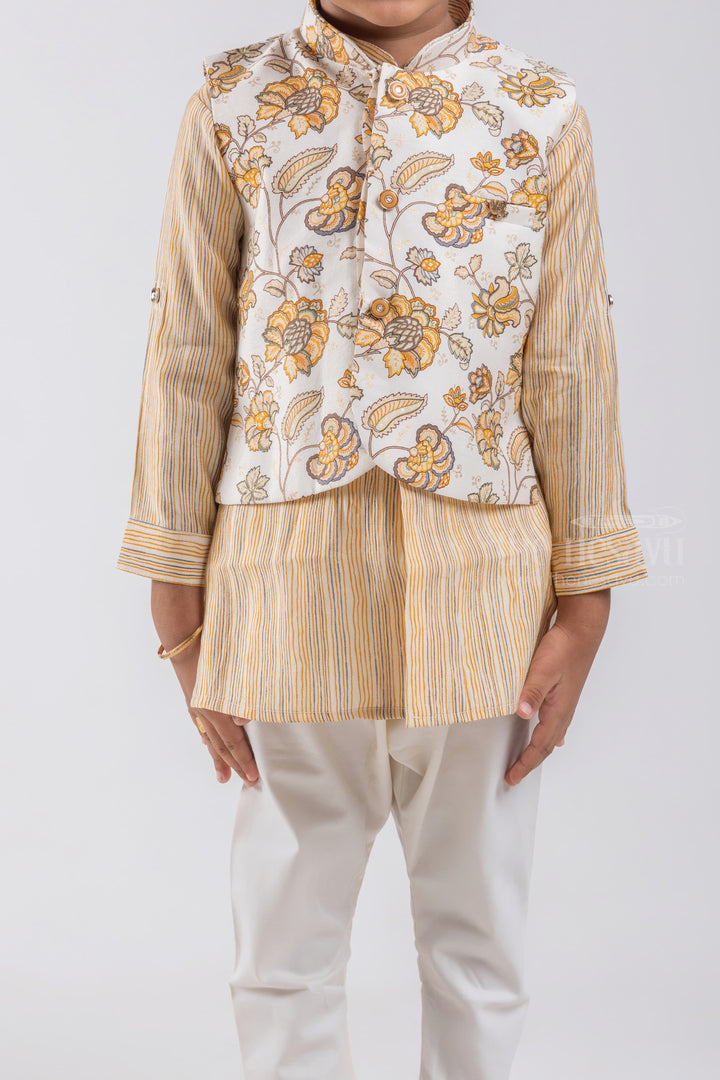 The Nesavu Boys Jacket Sets All Over Stripes Printed Yellow Kurta with White Pant and Floral Printed Overcoat For Boys psr silks Nesavu