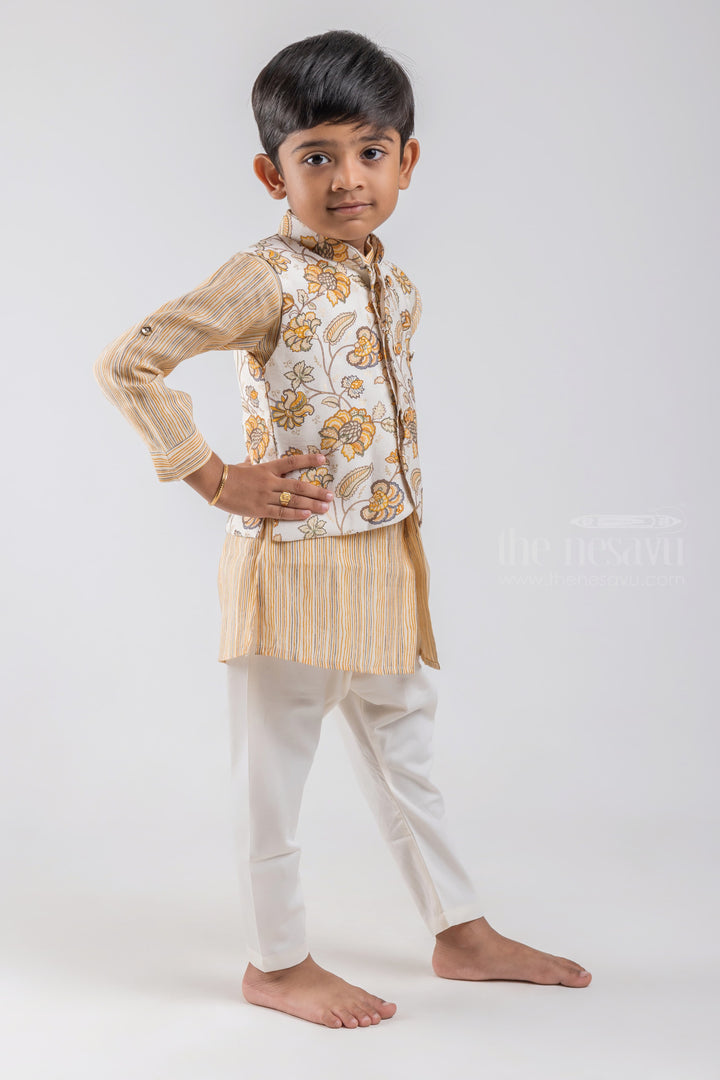 The Nesavu Boys Jacket Sets All Over Stripes Printed Yellow Kurta with White Pant and Floral Printed Overcoat For Boys psr silks Nesavu
