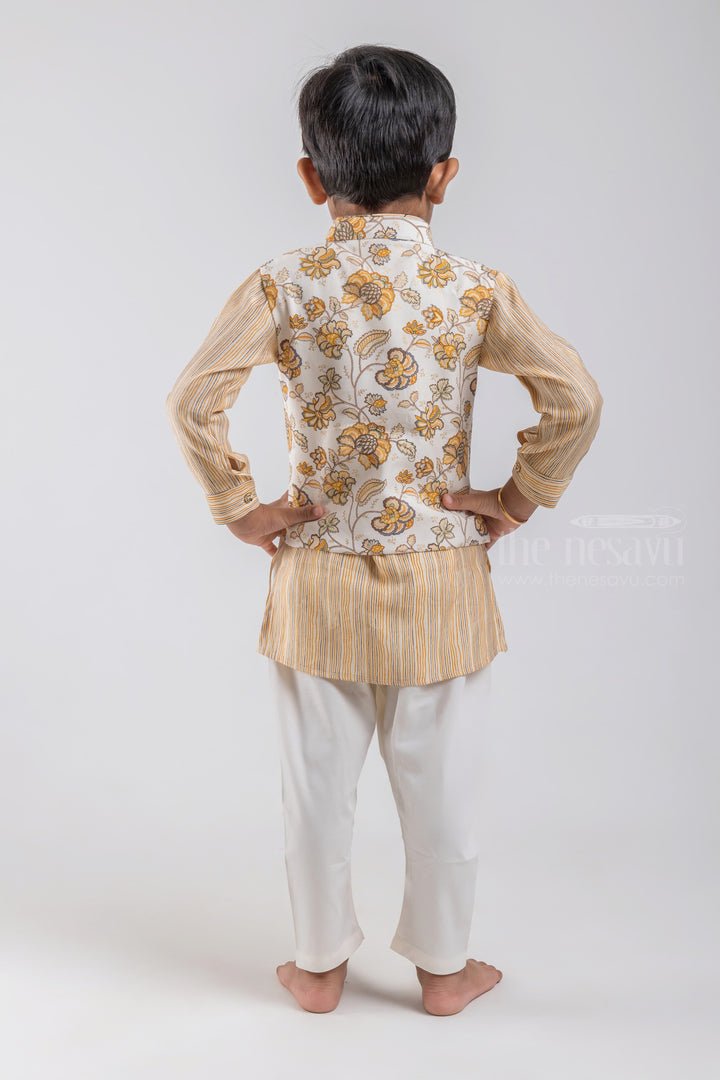 The Nesavu Boys Jacket Sets All Over Stripes Printed Yellow Kurta with White Pant and Floral Printed Overcoat For Boys psr silks Nesavu