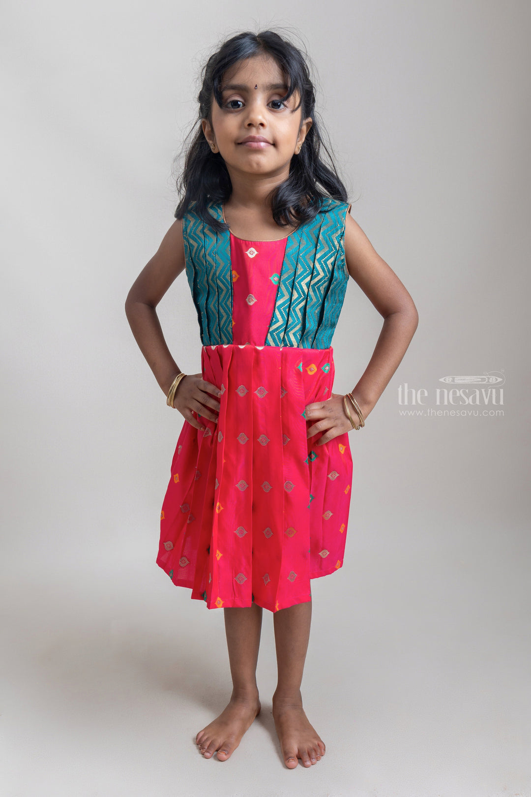 The Nesavu Silk Frock Alluring Green & Deeppink Butta Harmony Pleated Pattu Elegance for Young Fashionistas. Nesavu 14 (6M) / Red SF517B-14 Pink Semi-silk Frock For Girls | Latest silk wear Collection | The Nesavu