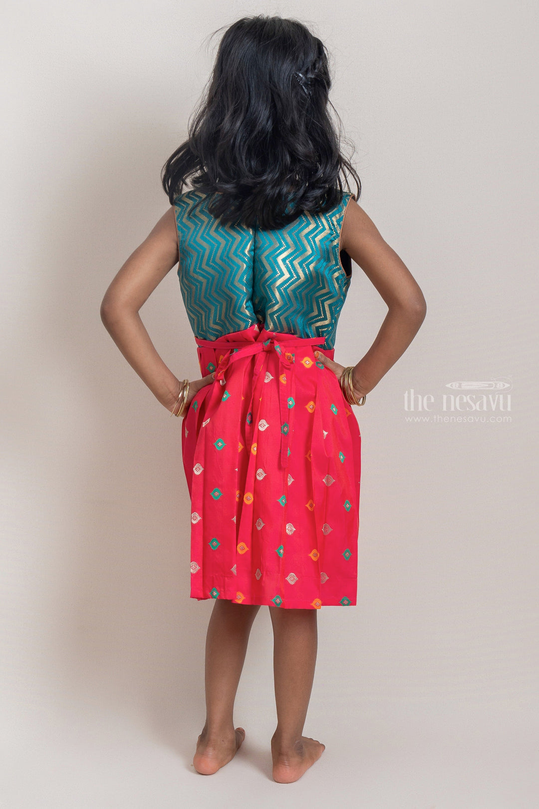 The Nesavu Silk Frock Alluring Green & Deeppink Butta Harmony Pleated Pattu Elegance for Young Fashionistas. Nesavu Pink Semi-silk Frock For Girls | Latest silk wear Collection | The Nesavu
