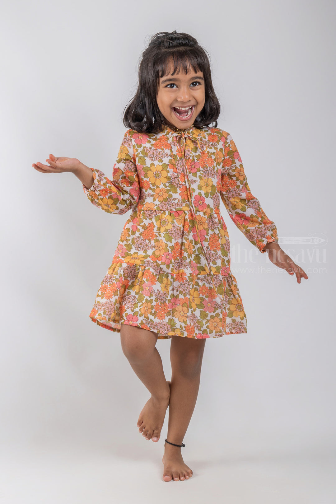 The Nesavu Girls Fancy Frock Alluring Multi-Colored Floral Printed Baloon Sleeve Cotton Frock For Girls psr silks Nesavu 18 (2Y) / multicolor GFC1040A