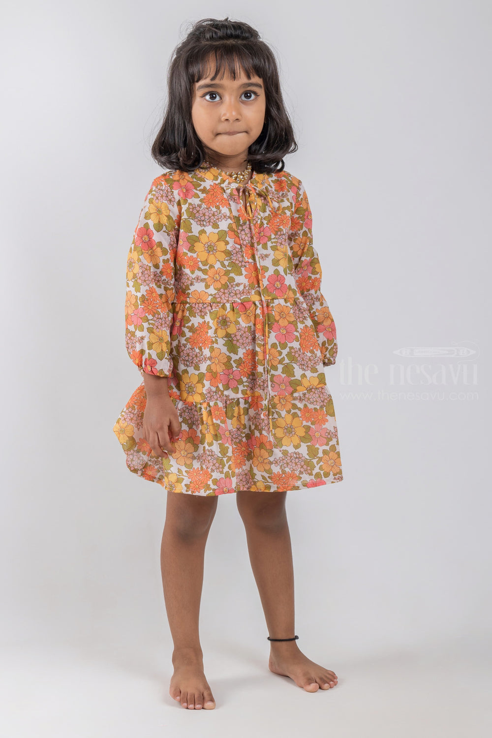 The Nesavu Girls Fancy Frock Alluring Multi-Colored Floral Printed Baloon Sleeve Cotton Frock For Girls psr silks Nesavu