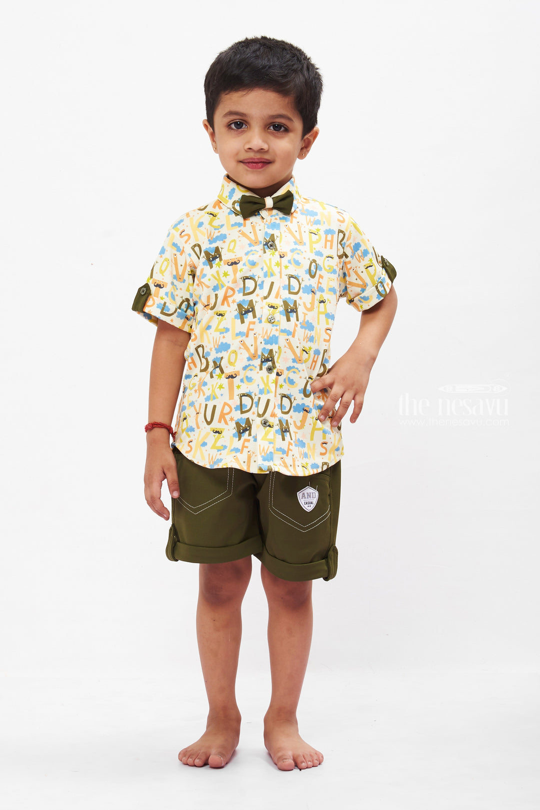 The Nesavu Boys Casual Set Alphabet Print Boys Casual Shirt & Olive Shorts Set - Trendy Summer Playwear Nesavu 12 (3M) / Green BCS002A-12 Boys Casual Alphabet Shirt with Olive Shorts Set | Stylish Kids' Summer Outfits | The Nesavu