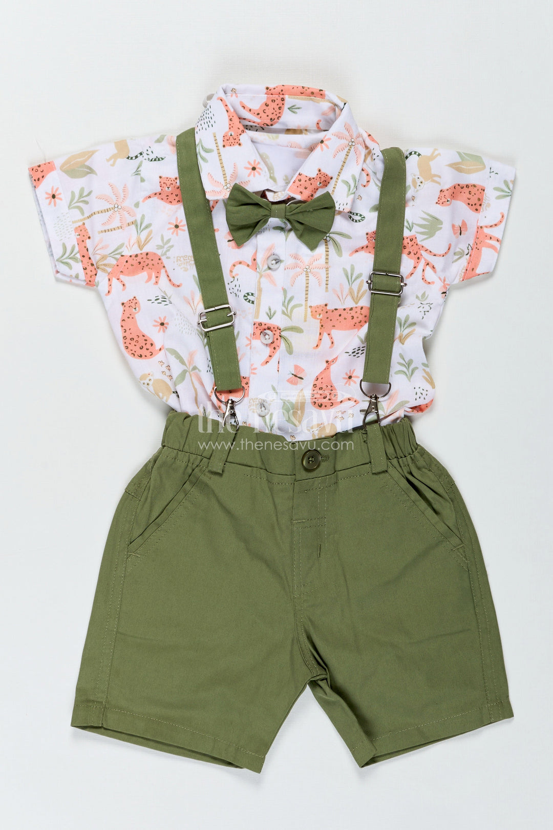 The Nesavu Boys Casual Set Animal Print Baby Boy Shirt with Olive Green Shorts and Matching Bow Tie for Smart Daywear Nesavu 12 (3M) / Green BCS324A-12 Nesavu Animal Print Baby Boy Shirt Set Olive Green Shorts Cotton Bow Tie
