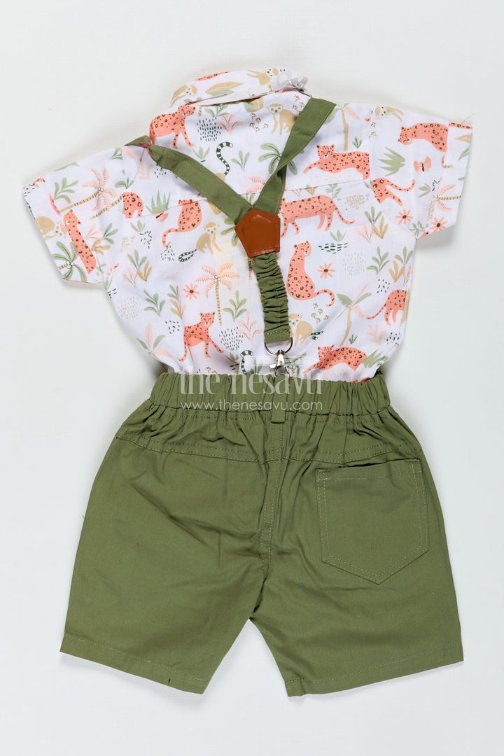 The Nesavu Boys Casual Set Animal Print Baby Boy Shirt with Olive Green Shorts and Matching Bow Tie for Smart Daywear Nesavu Nesavu Animal Print Baby Boy Shirt Set Olive Green Shorts Cotton Bow Tie