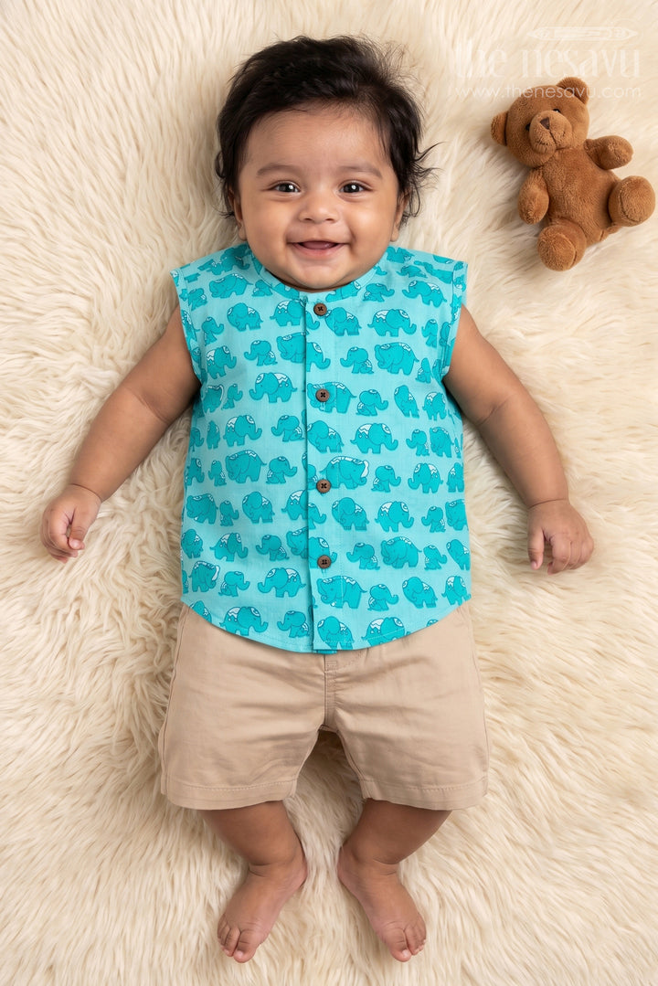 The Nesavu Baby Jablas Animal Print Baby Jabla Top for Fun Everyday Wear Nesavu 10 (NB) / Blue / Cotton IF033B-10 Nesavu elephant printed cotton baby jabla – breathable and fun for daily summer wear