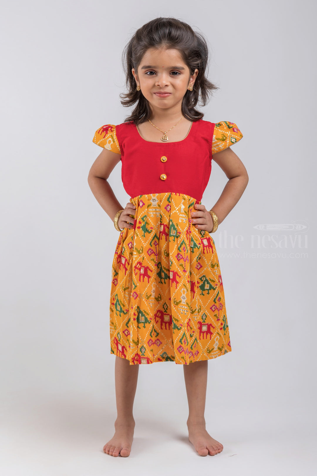 The Nesavu Girls Cotton Frock Animal Printed Knife Pleated Yellow Cotton Frock With Red Yoke psr silks Nesavu 16 (1Y) / Yellow GFC1079A