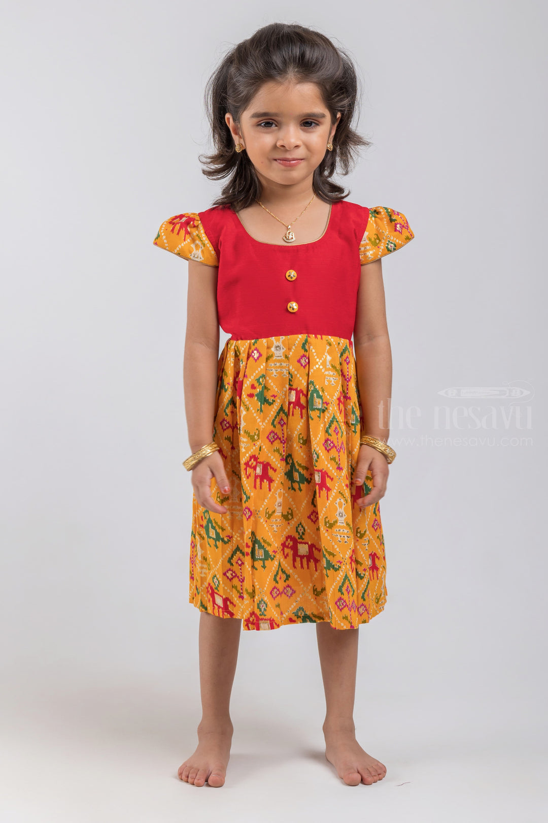 The Nesavu Girls Cotton Frock Animal Printed Knife Pleated Yellow Cotton Frock With Red Yoke psr silks Nesavu