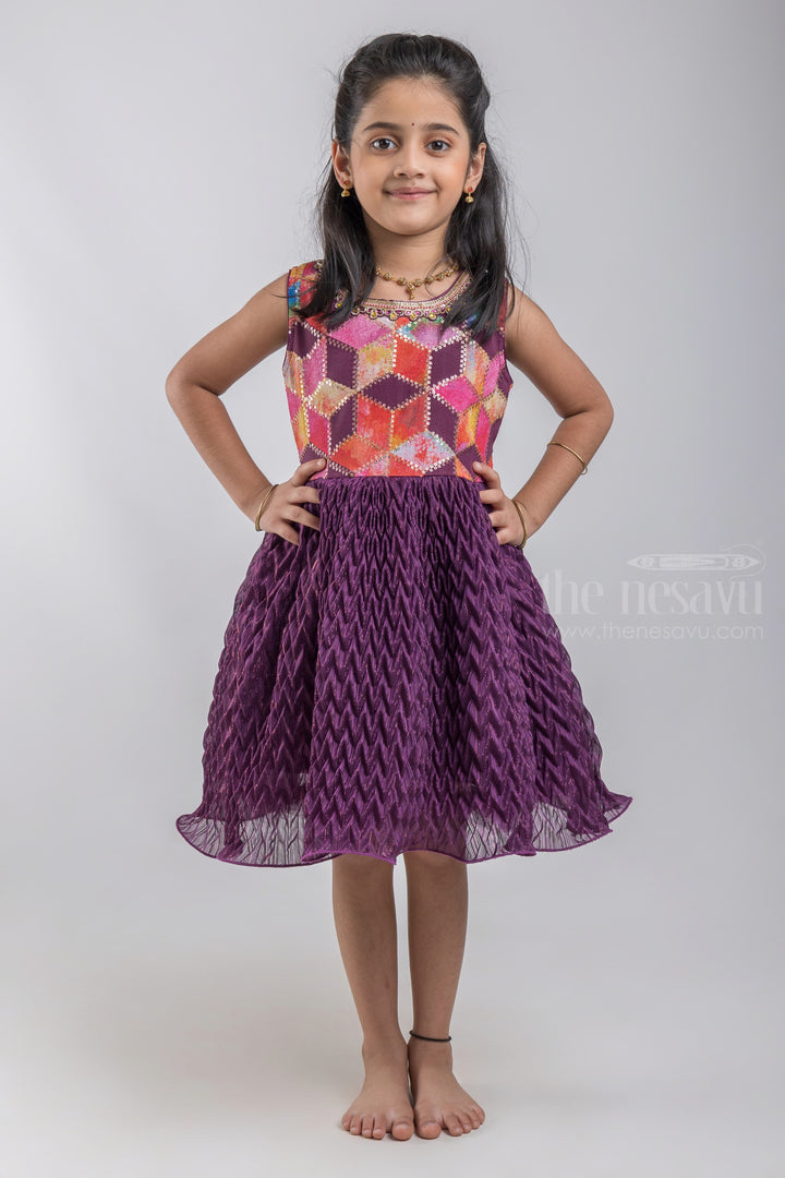 The Nesavu Girls Fancy Party Frock Applique Inspired Yoke And Designer Chiffon Purple Flare For Little Girls psr silks Nesavu 16 (1Y) / Purple SF516A
