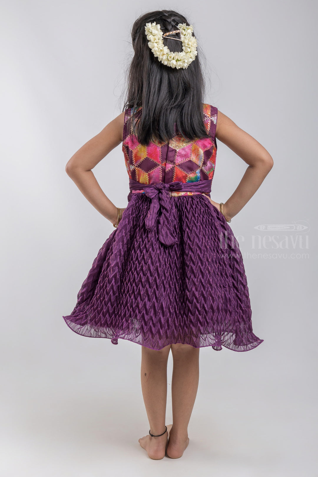 The Nesavu Girls Fancy Party Frock Applique Inspired Yoke And Designer Chiffon Purple Flare For Little Girls psr silks Nesavu