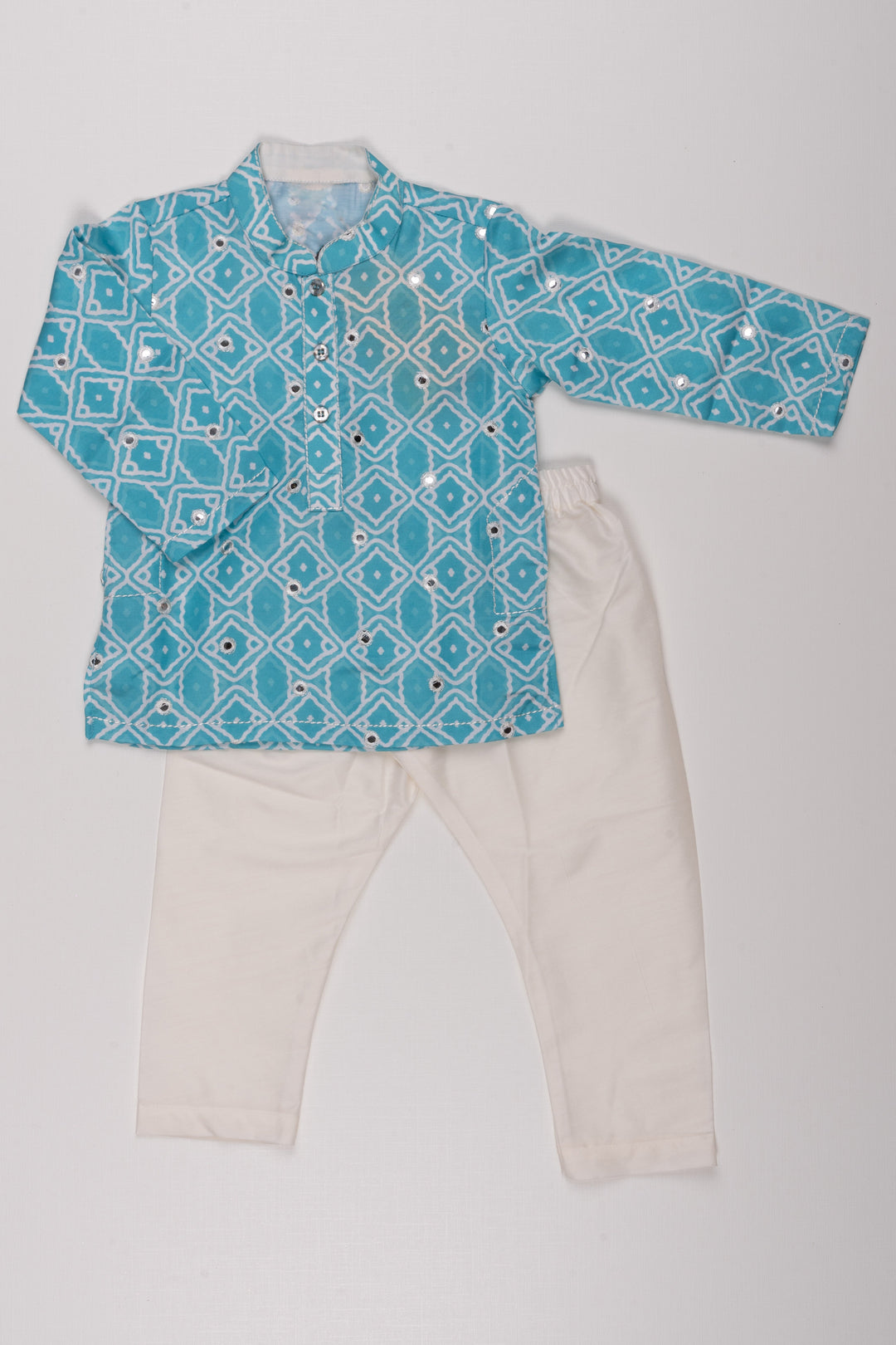 The Nesavu Boys Kurtha Set Aqua Allure: Mirror-Embroidered Geometric Printed Turquoise Kurta Shirt & Pant Set for Boys Nesavu 14 (6M) / Turquoise / Silk Blend BES400C-14 Elegant Printed Kurta with Pant for Boys | Luxury Indian Collections | The Nesavu