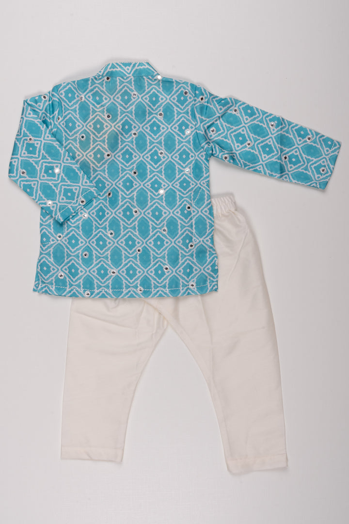 The Nesavu Boys Kurtha Set Aqua Allure: Mirror-Embroidered Geometric Printed Turquoise Kurta Shirt & Pant Set for Boys Nesavu Elegant Printed Kurta with Pant for Boys | Luxury Indian Collections | The Nesavu