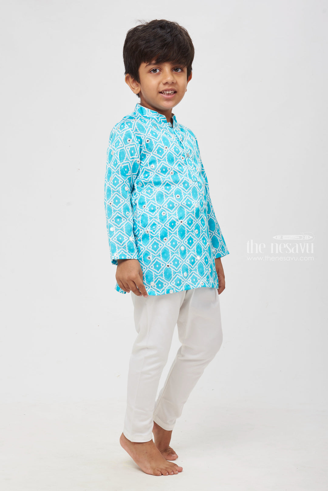 The Nesavu Boys Kurtha Set Aqua Allure: Mirror-Embroidered Geometric Printed Turquoise Kurta Shirt & Pant Set for Boys Nesavu Elegant Printed Kurta with Pant for Boys | Luxury Indian Collections | The Nesavu