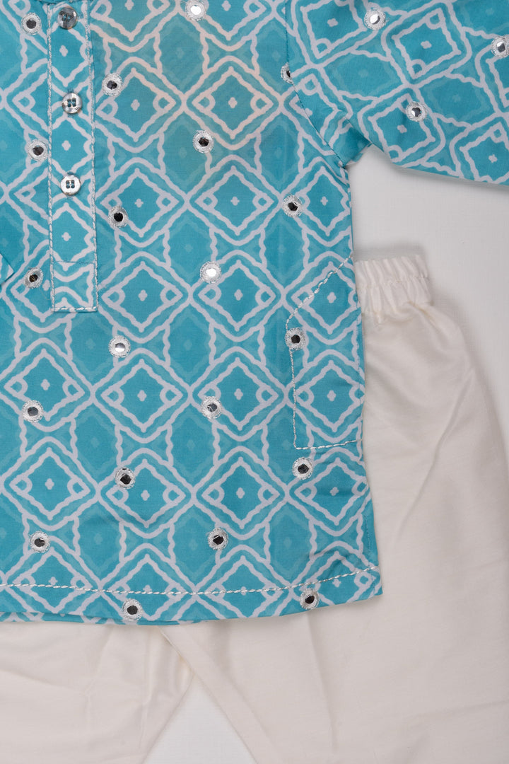 The Nesavu Boys Kurtha Set Aqua Allure: Mirror-Embroidered Geometric Printed Turquoise Kurta Shirt & Pant Set for Boys Nesavu Elegant Printed Kurta with Pant for Boys | Luxury Indian Collections | The Nesavu