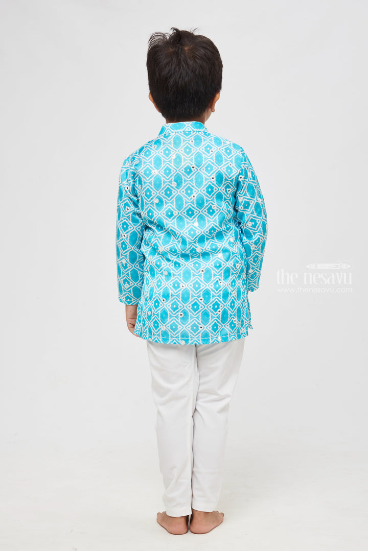 The Nesavu Boys Kurtha Set Aqua Allure: Mirror-Embroidered Geometric Printed Turquoise Kurta Shirt & Pant Set for Boys Nesavu Elegant Printed Kurta with Pant for Boys | Luxury Indian Collections | The Nesavu