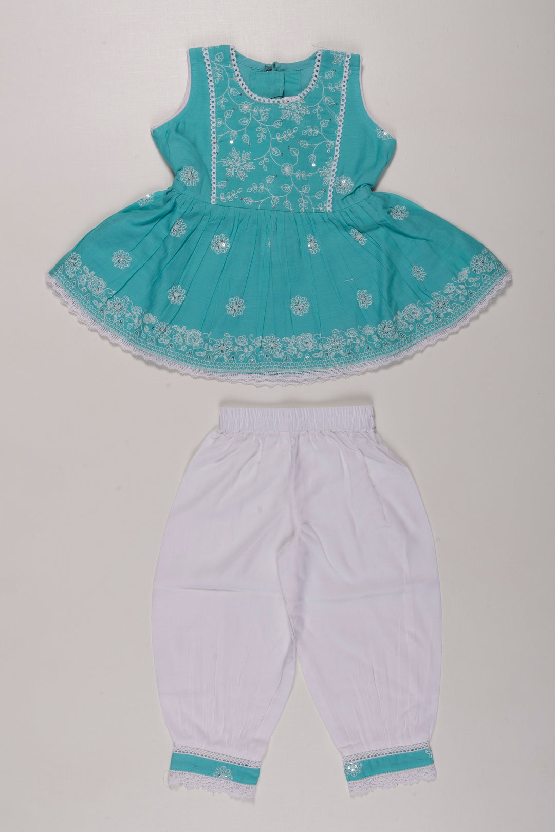 The Nesavu Girls Sharara / Plazo Set Aqua Blue Embroidered Kurti with Pristine White Pant Set for Girls Nesavu 16 (1Y) / Turquoise GPS261A-16 Girls Blue Embroidered Kurti Set | Traditional White Pant Outfit for Girls | The Nesavu