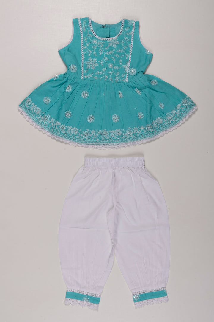 The Nesavu Girls Sharara / Plazo Set Aqua Blue Embroidered Kurti with Pristine White Pant Set for Girls Nesavu 16 (1Y) / Turquoise GPS261A-16 Girls Blue Embroidered Kurti Set | Traditional White Pant Outfit for Girls | The Nesavu