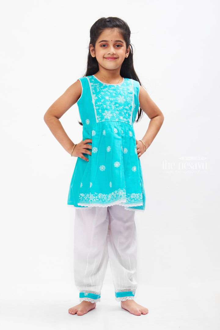 The Nesavu Girls Sharara / Plazo Set Aqua Blue Embroidered Kurti with Pristine White Pant Set for Girls Nesavu 16 (1Y) / Turquoise GPS261A-16 Girls Blue Embroidered Kurti Set | Traditional White Pant Outfit for Girls | The Nesavu