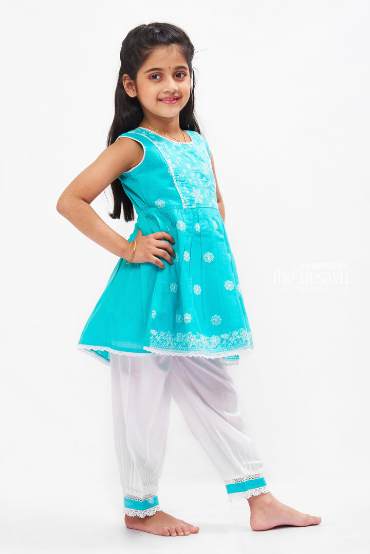 The Nesavu Girls Sharara / Plazo Set Aqua Blue Embroidered Kurti with Pristine White Pant Set for Girls Nesavu Girls Blue Embroidered Kurti Set | Traditional White Pant Outfit for Girls | The Nesavu