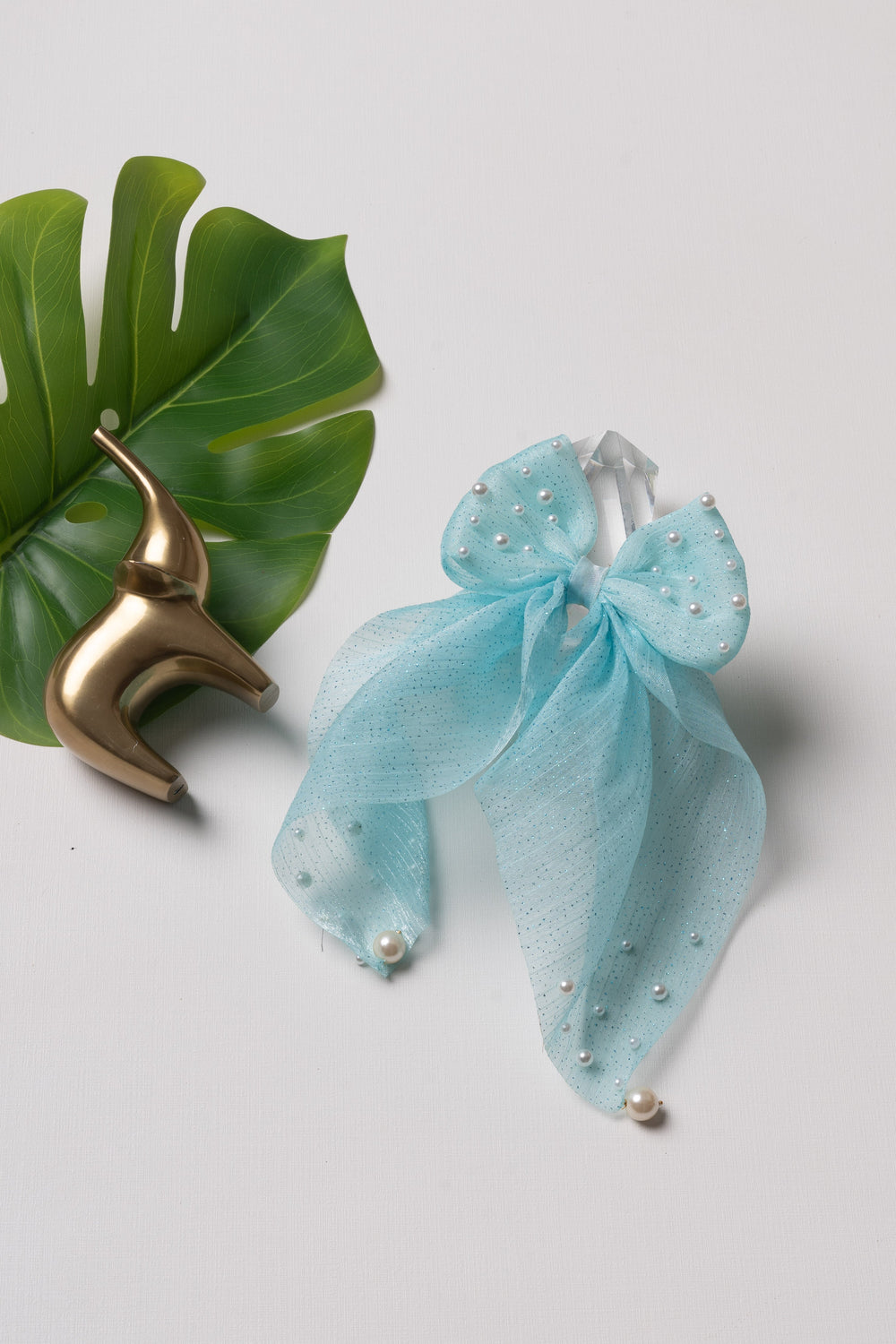 The Nesavu Scrunchies / Rubber Band Aqua Blue Glitter Bow Hairband with Pearl Embellishments Nesavu Blue JHS26A Aqua Pearl Glitter Bow Hairband | Whimsical Elegance | The Nesavu