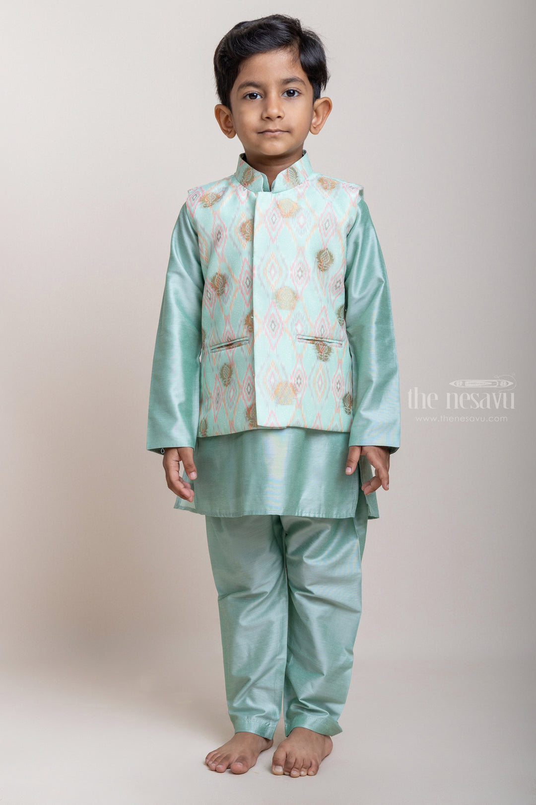 The Nesavu Boys Jacket Sets Aqua Blue Silk Cotton Kurta Dress For Baby Boys With Printed Overcoat psr silks Nesavu 16 (1Y) / Blue / Chanderi BES142