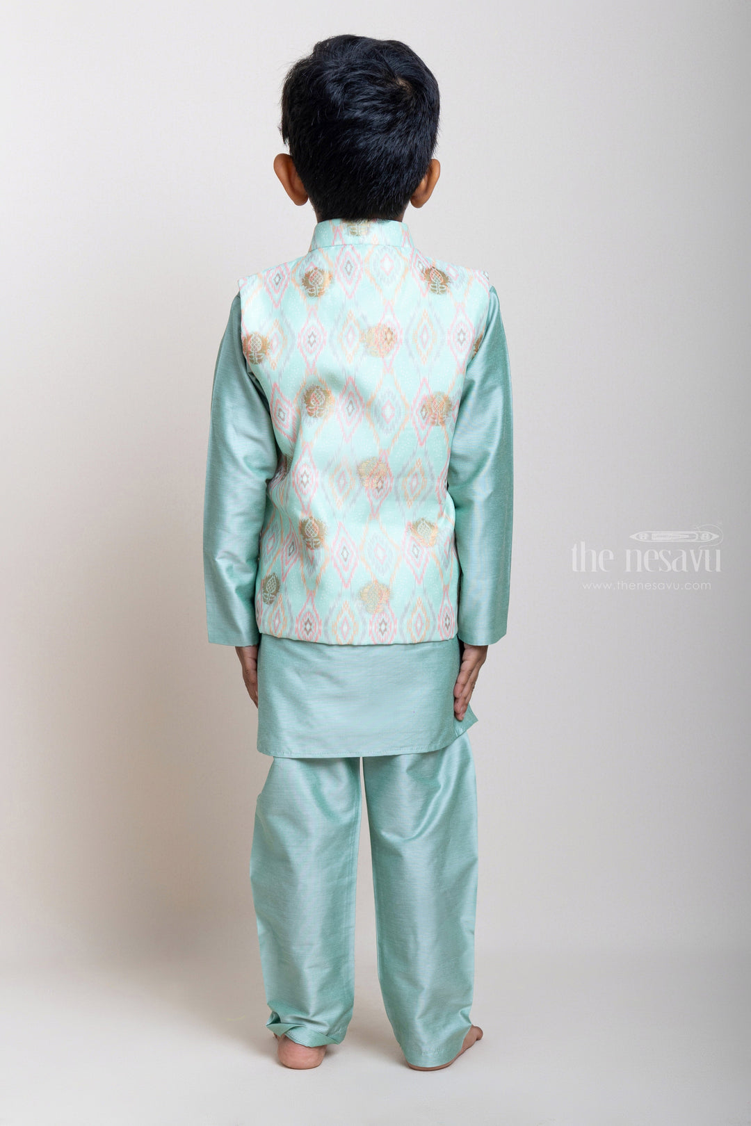The Nesavu Boys Jacket Sets Aqua Blue Silk Cotton Kurta Dress For Baby Boys With Printed Overcoat psr silks Nesavu