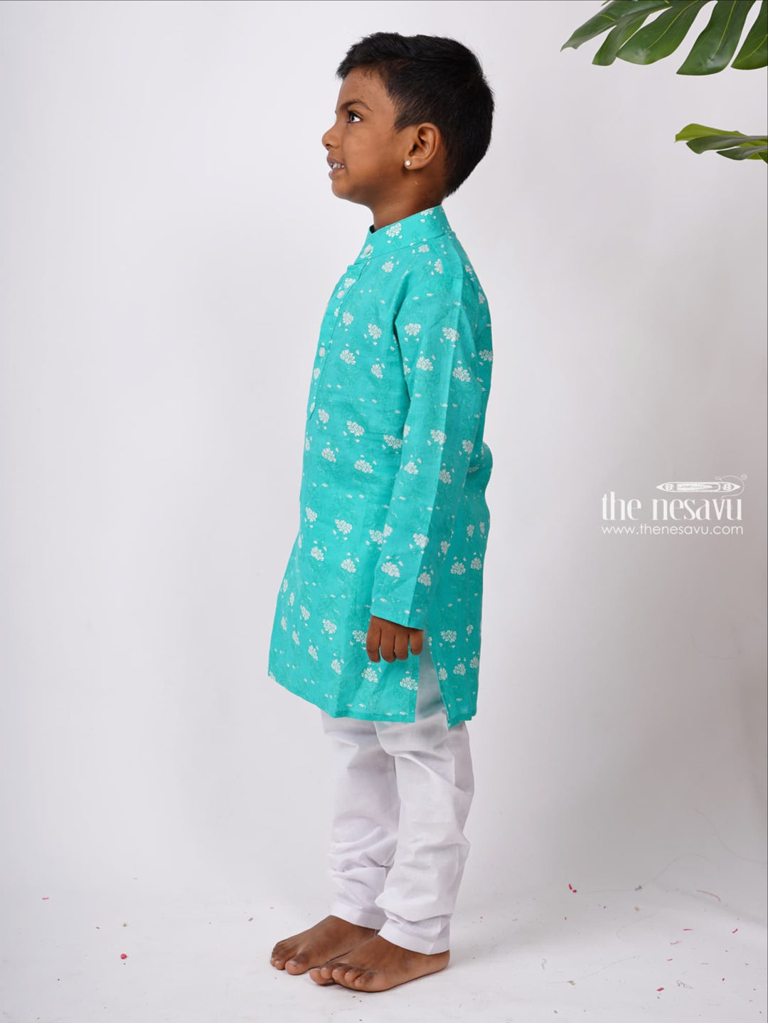 The Nesavu Boys Kurtha Set Aqua Cotton Floral Print Kurta with White Pant for Boys Nesavu Shop Boys Kurta Online | Latest Cotton Printed Kurtas | The Nesavu