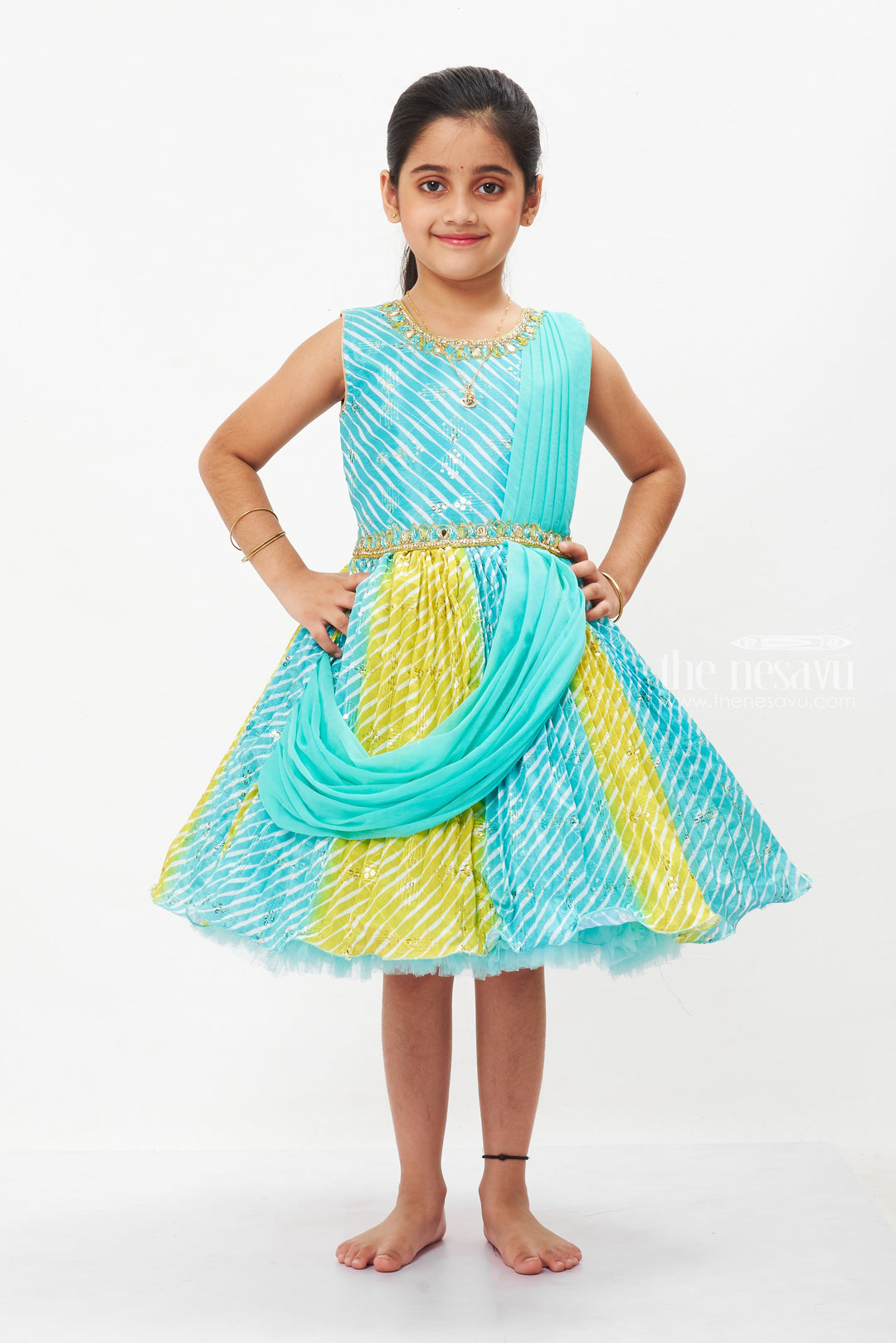 The Nesavu Silk Party Frock Aqua Elegance Silk Frock for Girls with Embellished Party Gown Design Nesavu 24 (5Y) / Blue / Chinnon SF744A-24 Girls Aqua Silk Frock | Festive Dress for Kids | The Nesavu