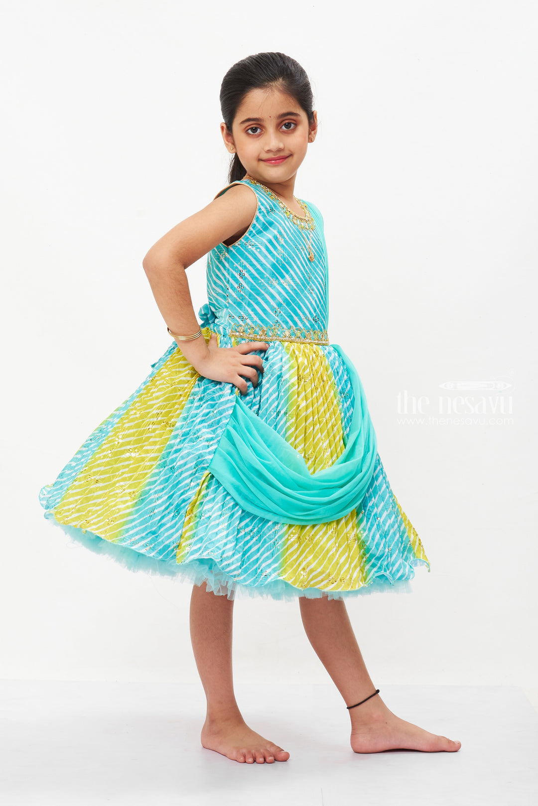 The Nesavu Silk Party Frock Aqua Elegance Silk Frock for Girls with Embellished Party Gown Design Nesavu Girls Aqua Silk Frock | Festive Dress for Kids | The Nesavu