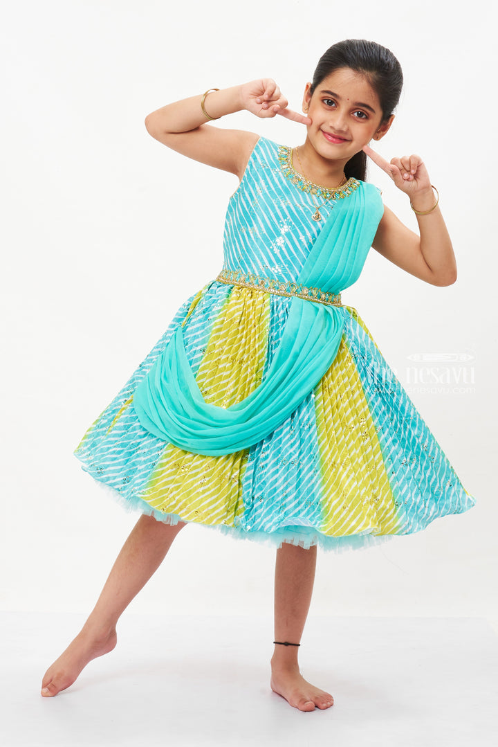 The Nesavu Silk Party Frock Aqua Elegance Silk Frock for Girls with Embellished Party Gown Design Nesavu Girls Aqua Silk Frock | Festive Dress for Kids | The Nesavu
