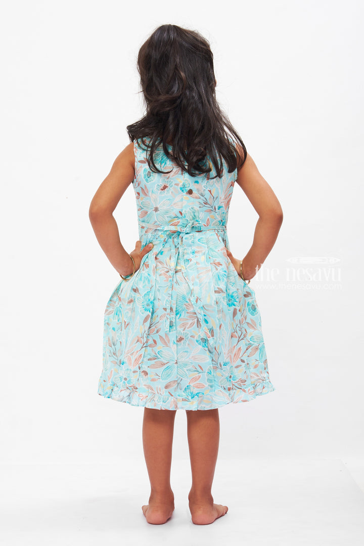 The Nesavu Girls Cotton Frock Aqua Floral Kids Pure Cotton Frock with Lace Trim Nesavu Girls Summer Cotton Dress Essentials | Aqua Lace Trim Floral Frock | The Nesavu