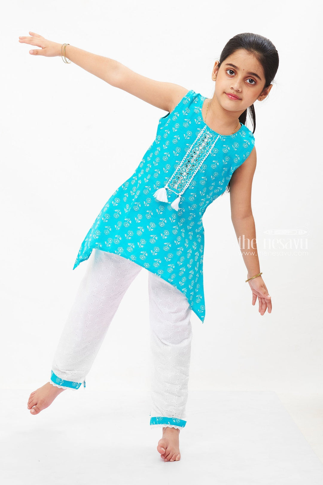 The Nesavu Girls Sharara / Plazo Set Aqua Freshness: Charming Blue Kurti and White Pant Ensemble for Girls Nesavu Girls' Blue and White Cotton Kurti Pant Set | Refresh Your Summer Wardrobe | The Nesavu