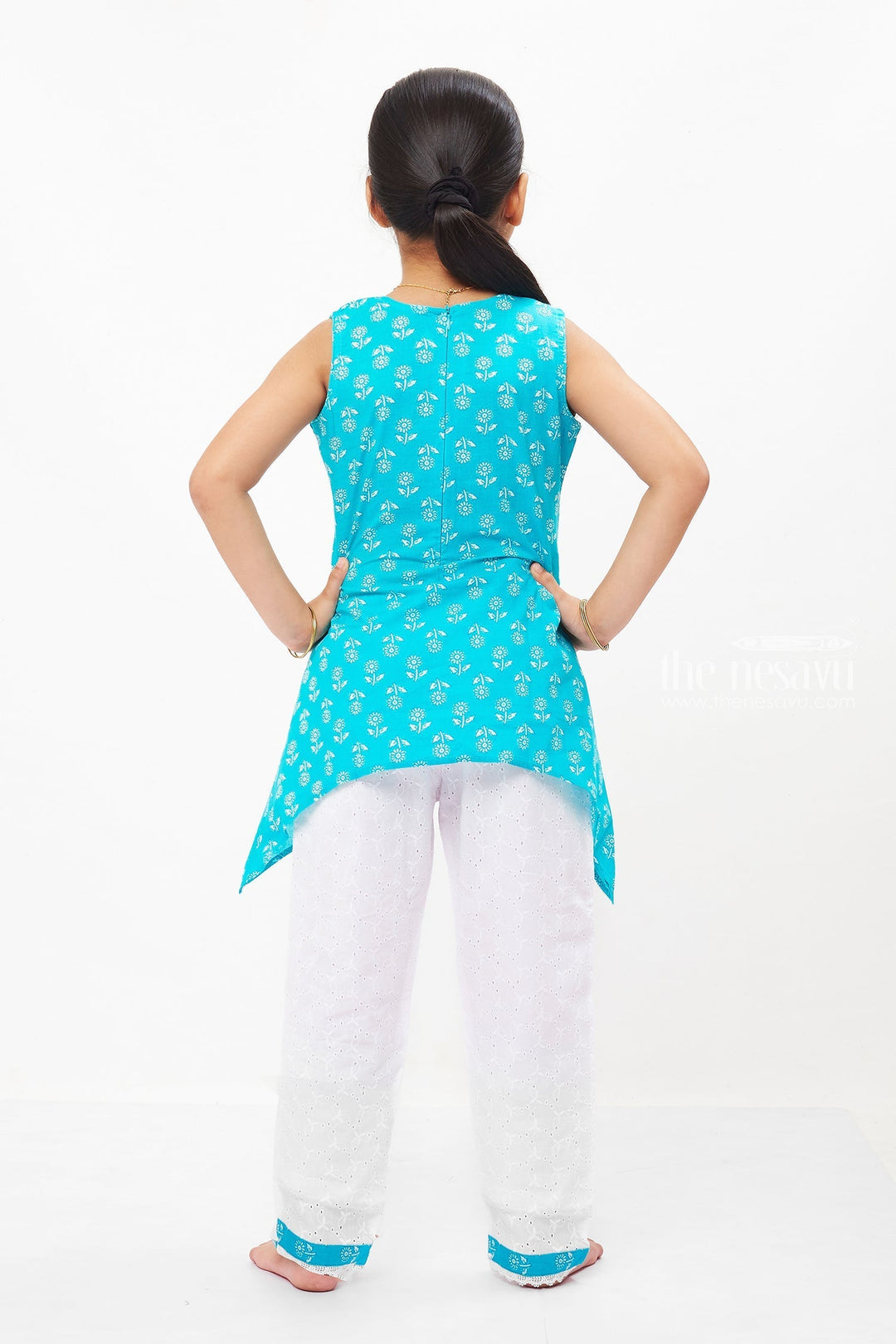 The Nesavu Girls Sharara / Plazo Set Aqua Freshness: Charming Blue Kurti and White Pant Ensemble for Girls Nesavu Girls' Blue and White Cotton Kurti Pant Set | Refresh Your Summer Wardrobe | The Nesavu