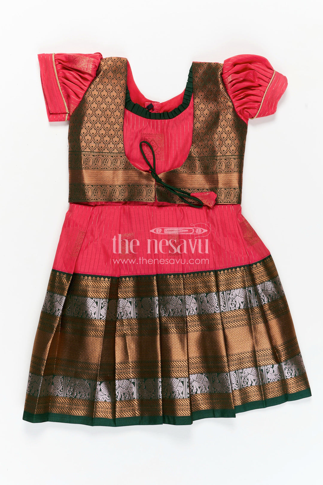 The Nesavu Girls Kanchi Silk Frock Archive - Pink Silk Kanchi Style Frock for Girls with Traditional Borders and Puff Sleeves Nesavu 18 (2Y) / Pink SF815FA-18 Nesavu Pink Silk Kanchi Style Frock Girls Traditional Borders Puff Sleeve Detail
