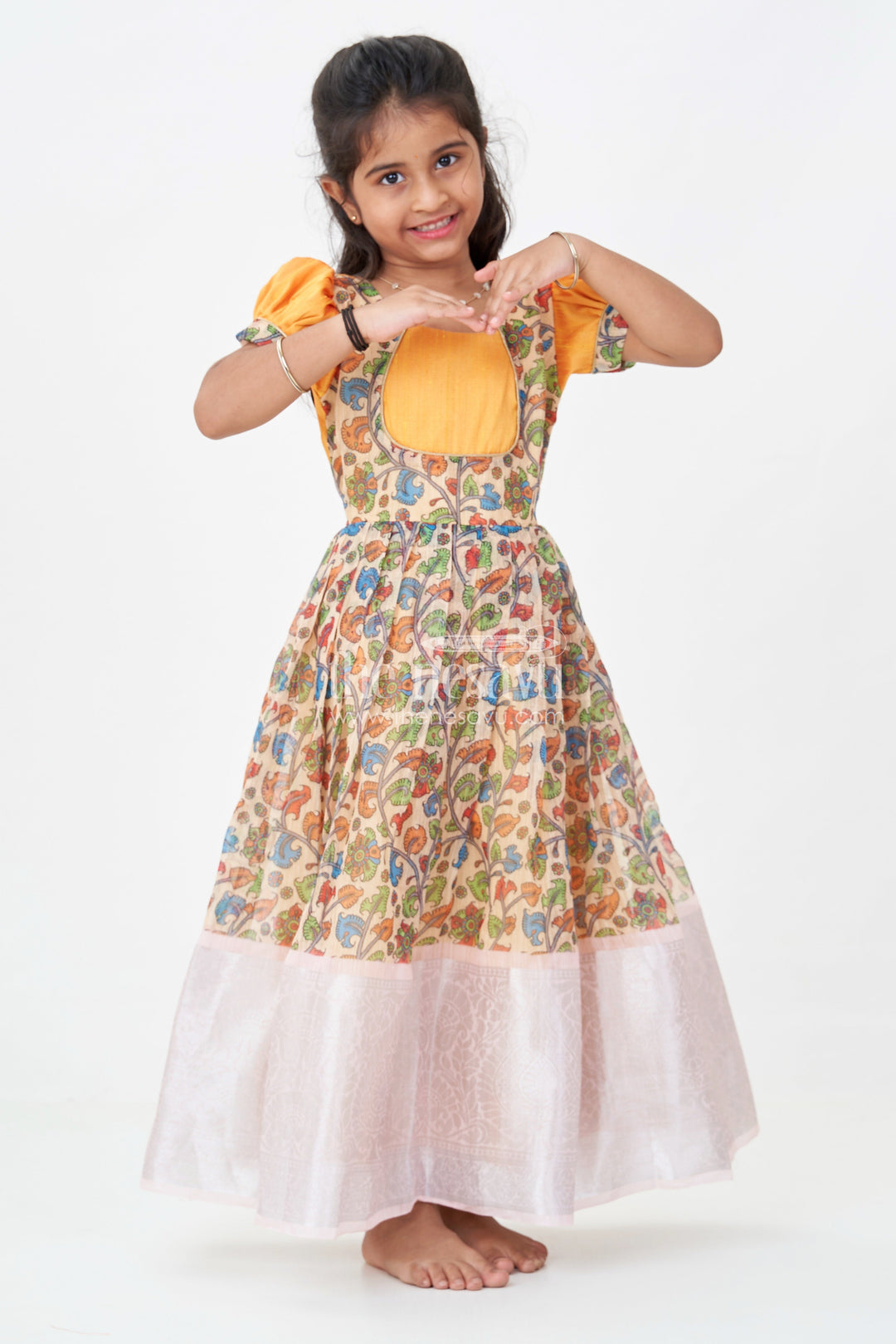 The Nesavu Girls Silk Gown ArchiveGirls Chanderi Cotton Yellow Long Gown with Raw Silk Yoke and Elegant Pink Border Pleated Skirt Nesavu 18 (2Y) / Yellow GA318AA-18 Nesavu Yellow Long Gown Girls Chanderi Cotton Pink Border Raw Silk Yoke