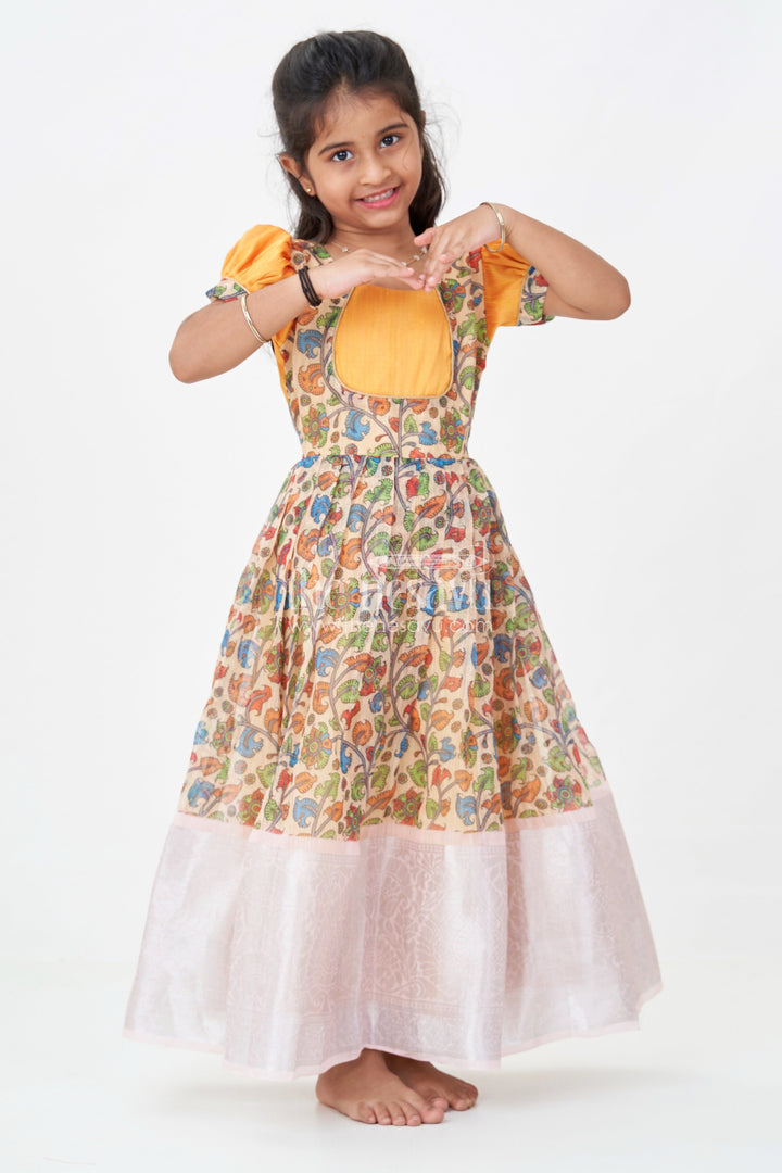 The Nesavu Girls Silk Gown ArchiveGirls Chanderi Cotton Yellow Long Gown with Raw Silk Yoke and Elegant Pink Border Pleated Skirt Nesavu 18 (2Y) / Yellow GA318AA-18 Nesavu Yellow Long Gown Girls Chanderi Cotton Pink Border Raw Silk Yoke