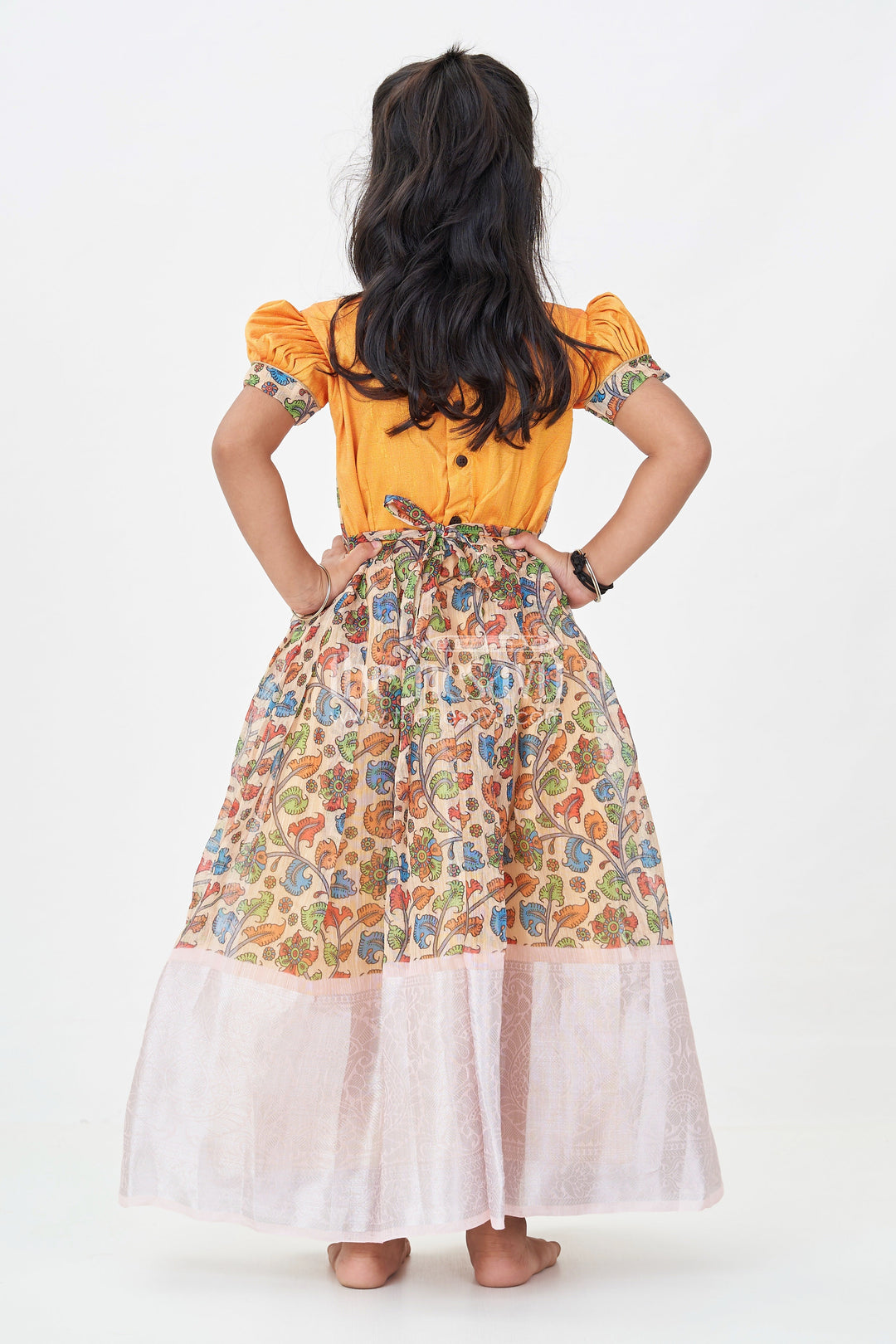 The Nesavu Girls Silk Gown ArchiveGirls Chanderi Cotton Yellow Long Gown with Raw Silk Yoke and Elegant Pink Border Pleated Skirt Nesavu Nesavu Yellow Long Gown Girls Chanderi Cotton Pink Border Raw Silk Yoke