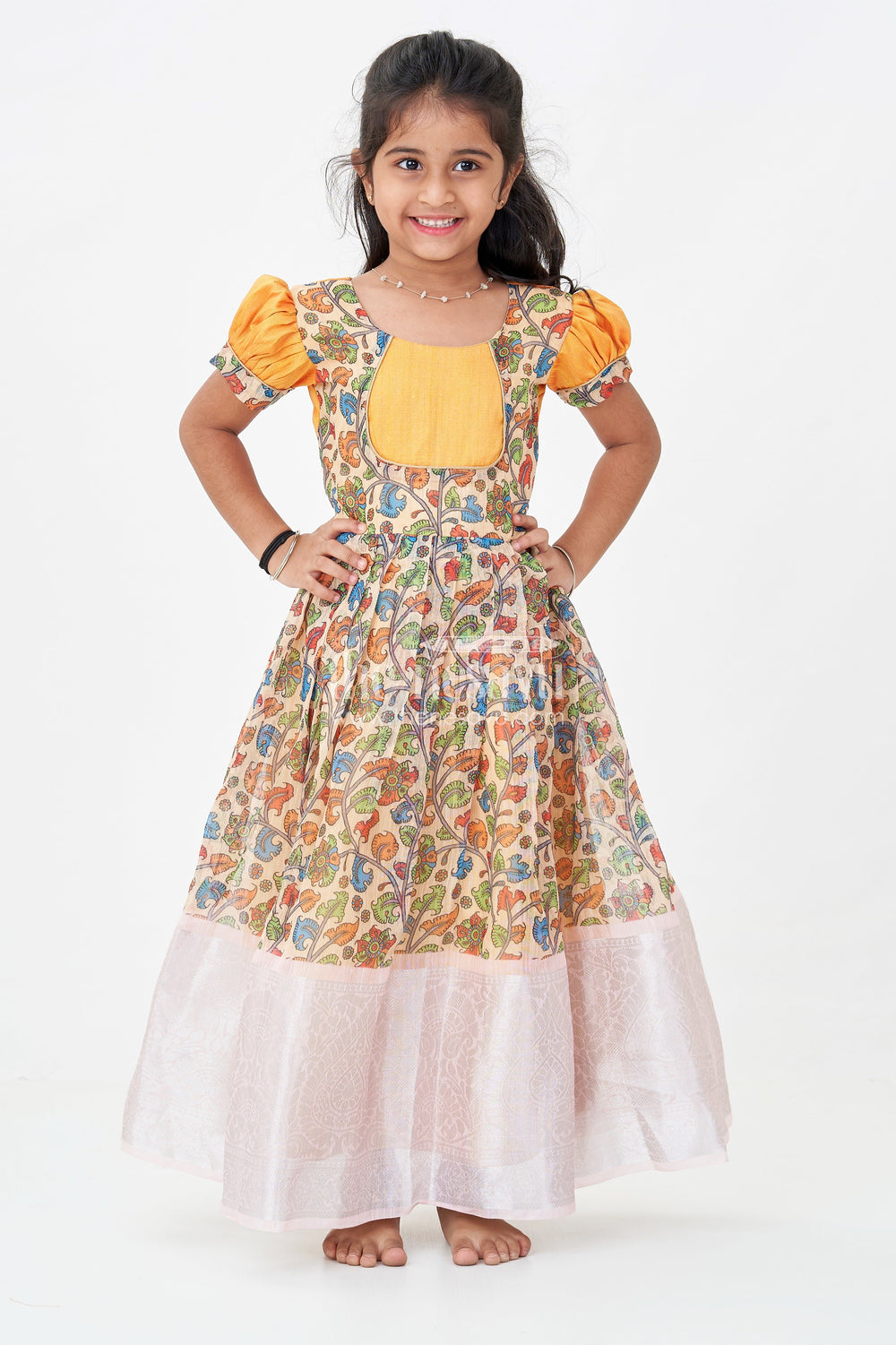 The Nesavu Girls Silk Gown ArchiveGirls Chanderi Cotton Yellow Long Gown with Raw Silk Yoke and Elegant Pink Border Pleated Skirt Nesavu Nesavu Yellow Long Gown Girls Chanderi Cotton Pink Border Raw Silk Yoke