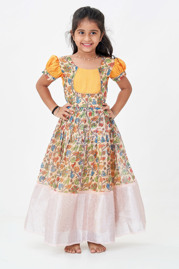 The Nesavu Girls Silk Gown ArchiveGirls Chanderi Cotton Yellow Long Gown with Raw Silk Yoke and Elegant Pink Border Pleated Skirt Nesavu Nesavu Yellow Long Gown Girls Chanderi Cotton Pink Border Raw Silk Yoke
