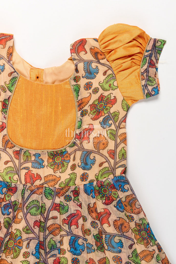 The Nesavu Girls Silk Gown ArchiveGirls Chanderi Cotton Yellow Long Gown with Raw Silk Yoke and Elegant Pink Border Pleated Skirt Nesavu Nesavu Yellow Long Gown Girls Chanderi Cotton Pink Border Raw Silk Yoke