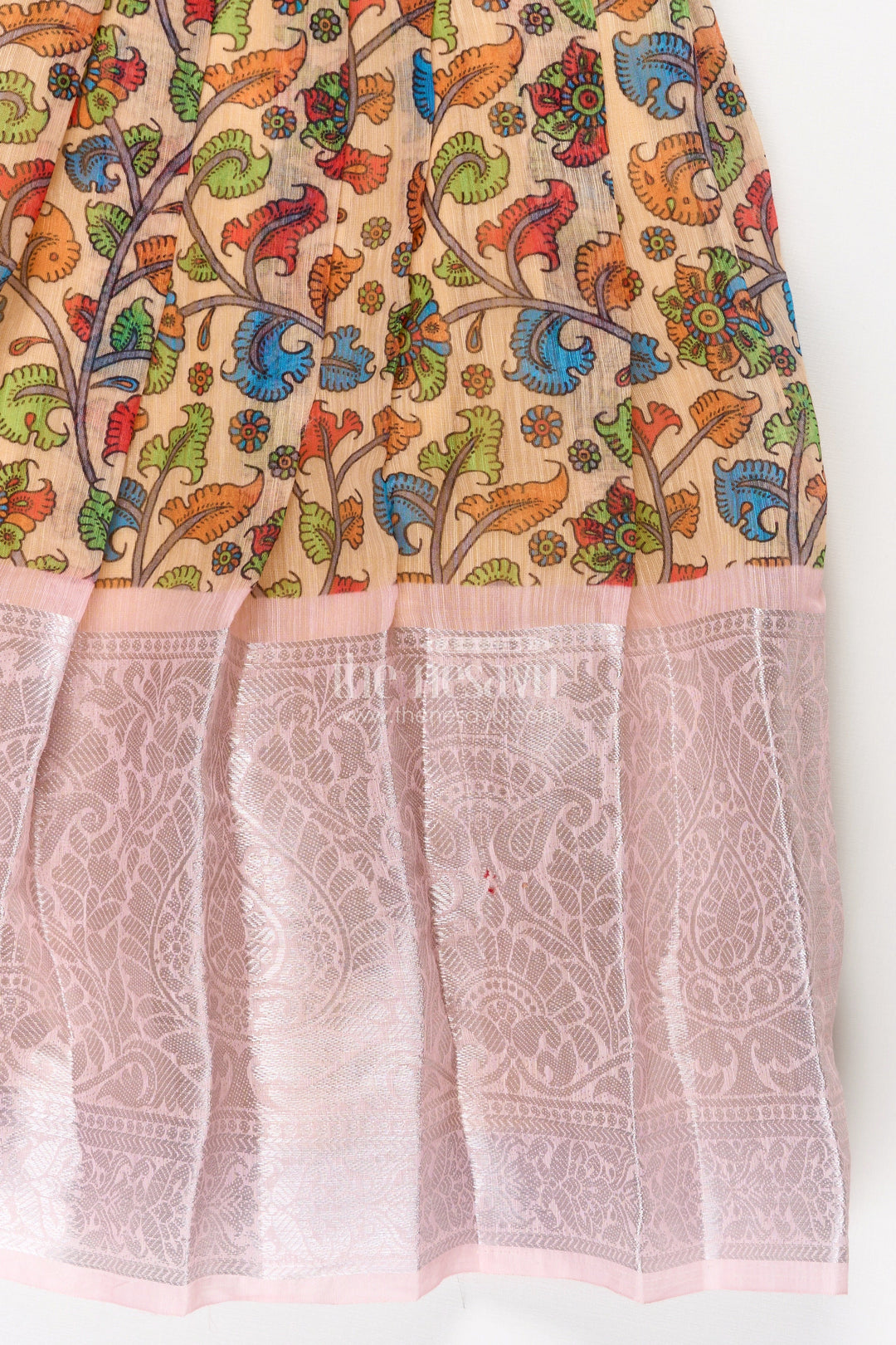 The Nesavu Girls Silk Gown ArchiveGirls Chanderi Cotton Yellow Long Gown with Raw Silk Yoke and Elegant Pink Border Pleated Skirt Nesavu Nesavu Yellow Long Gown Girls Chanderi Cotton Pink Border Raw Silk Yoke